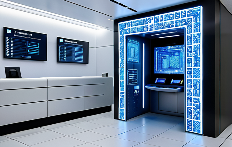 **Secure Quantum Banking:** A futuristic Lisbon bank, shimmering with holographic displays showcasing unbreakable quantum encryption protecting financial transactions. Incorporate traditional Portuguese Azulejo tile patterns intertwined with digital circuit designs.