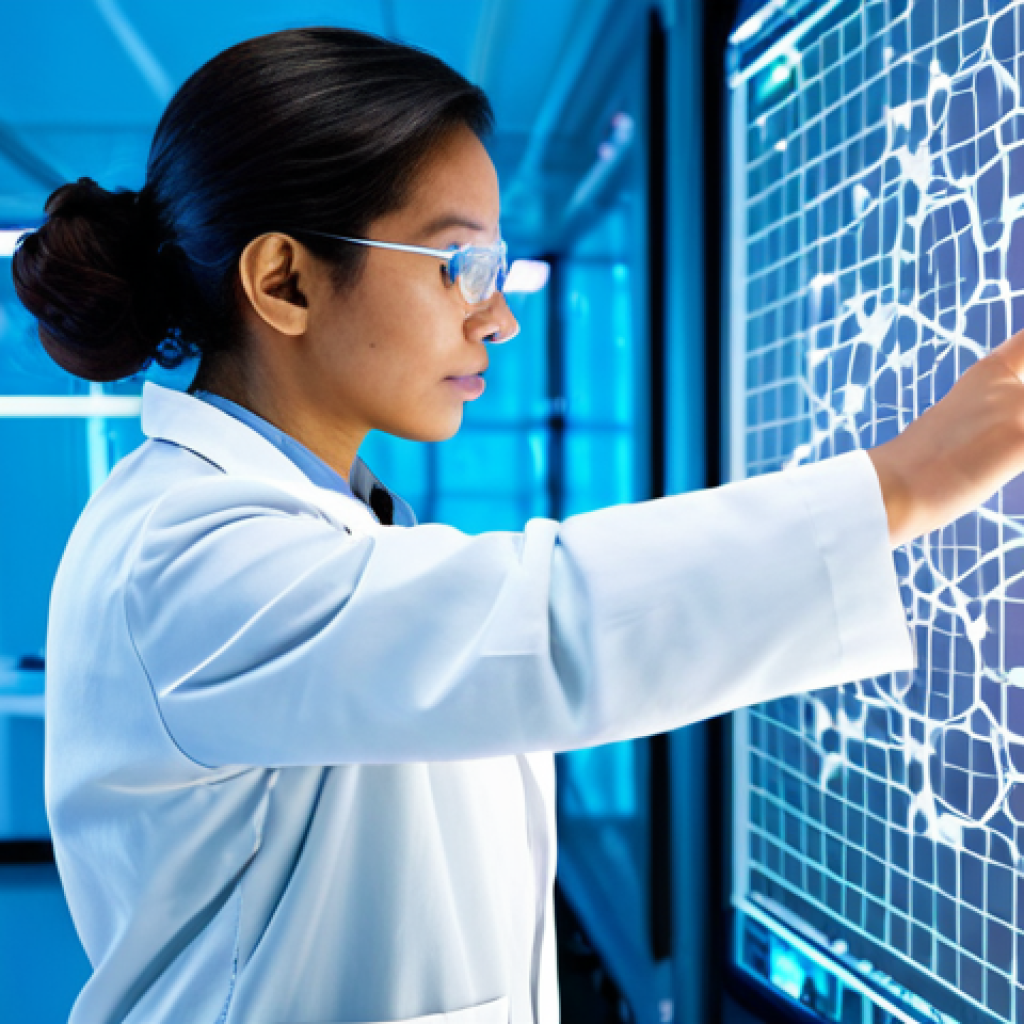 A professional female scientist in a pristine white lab coat and modest professional attire, meticulously examining a holographic projection of complex molecular structures in a state-of-the-art quantum research laboratory. The background features advanced, clean computational equipment with subtle, abstract light patterns suggesting quantum processes. The atmosphere is one of focused innovation and discovery. Perfect anatomy, correct proportions, natural pose, well-formed hands, proper finger count, natural body proportions. Fully clothed, appropriate attire, modest clothing, professional dress, safe for work, appropriate content, family-friendly, professional photography, high quality.