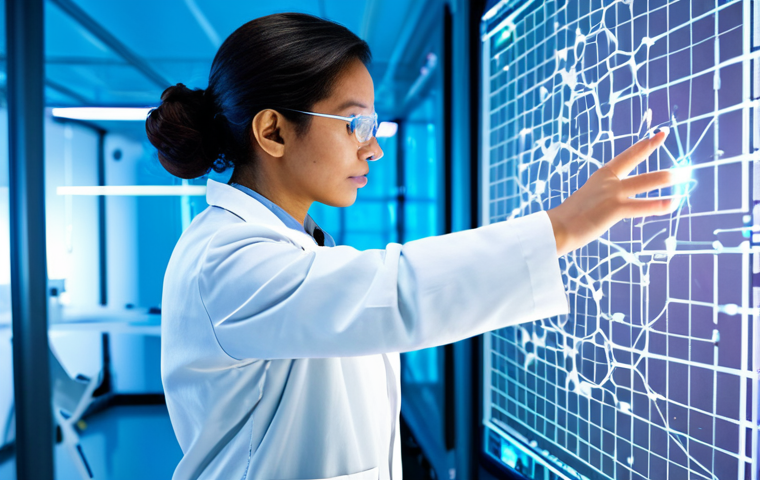 A professional female scientist in a pristine white lab coat and modest professional attire, meticulously examining a holographic projection of complex molecular structures in a state-of-the-art quantum research laboratory. The background features advanced, clean computational equipment with subtle, abstract light patterns suggesting quantum processes. The atmosphere is one of focused innovation and discovery. Perfect anatomy, correct proportions, natural pose, well-formed hands, proper finger count, natural body proportions. Fully clothed, appropriate attire, modest clothing, professional dress, safe for work, appropriate content, family-friendly, professional photography, high quality.