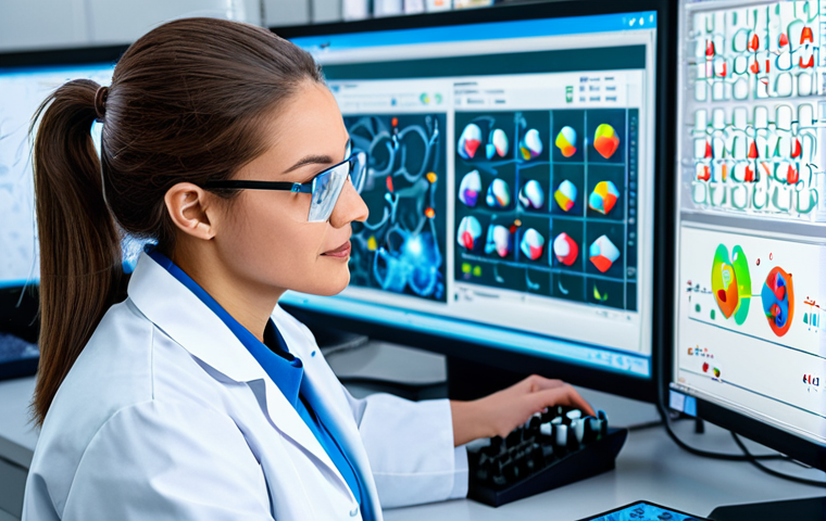 Quantum Chemistry in Drug Design**
"A pharmaceutical researcher wearing a lab coat, working at a computer displaying a 3D molecular model of a drug interacting with a protein receptor. The background shows a modern laboratory with equipment and glassware. Focus on the intersection of computational chemistry and drug development. Detailed, realistic rendering. Professional setting, appropriate attire, safe for work, perfect anatomy, natural proportions, professional."
**