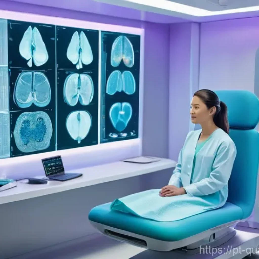 양자이미징 기술의 응용 분야 - **Medical Quantum Scan for Early Detection:**
"A clean, futuristic medical clinic with soft, dif...