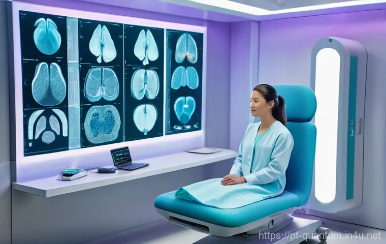 양자이미징 기술의 응용 분야 - **Medical Quantum Scan for Early Detection:**
"A clean, futuristic medical clinic with soft, dif...