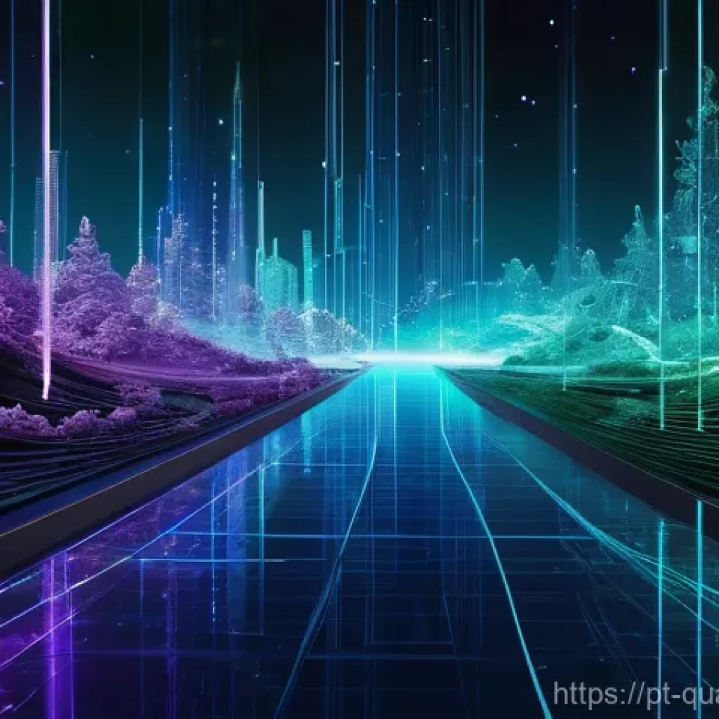 양자암호통신 - **Quantum Data Fortress:**
A highly stylized, futuristic digital landscape where intricate, glow...
