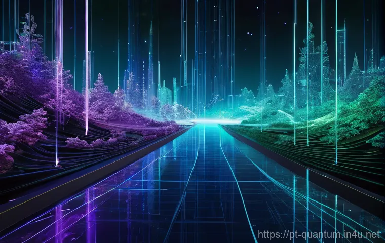 양자암호통신 - **Quantum Data Fortress:**
A highly stylized, futuristic digital landscape where intricate, glow...