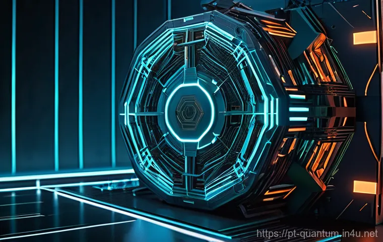 양자암호통신 - **Quantum Data Fortress:**
    A highly stylized, futuristic digital landscape where intricate, glow...