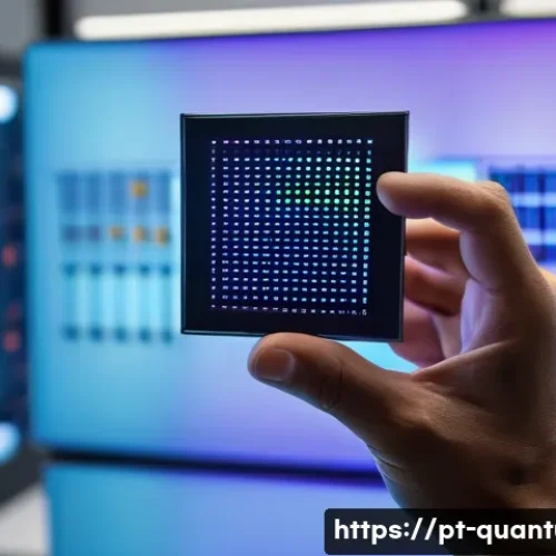 Home 33 양자랜덤넘버 생성기 - A futuristic laboratory scene showcasing a compact quantum random number generator device integrated...