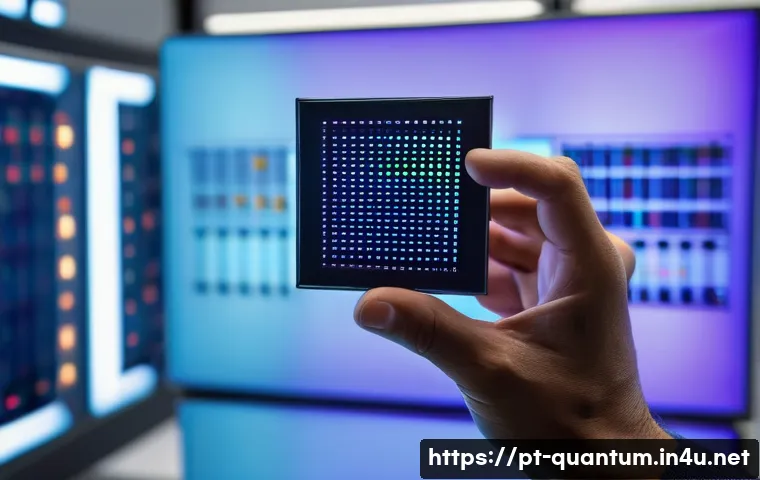 양자랜덤넘버 생성기 - A futuristic laboratory scene showcasing a compact quantum random number generator device integrated...