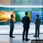 Home 20 양자컴퓨터와 사이버 보안 - A futuristic Brazilian bank interior with advanced quantum computing security systems; holographic d...