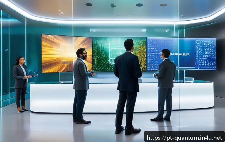 양자컴퓨터와 사이버 보안 - A futuristic Brazilian bank interior with advanced quantum computing security systems; holographic d...