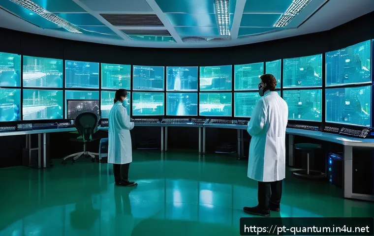 양자컴퓨터와 기존 컴퓨터 비교 - A futuristic Brazilian quantum computing laboratory scene showcasing scientists in modern lab coats ...