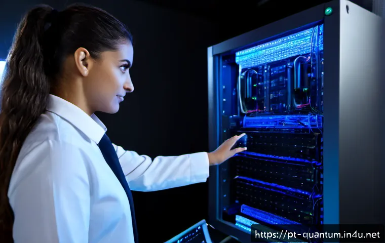 양자암호화 - Photorealistic quantum cryptography concept, close view of a secure modern research workstation with...